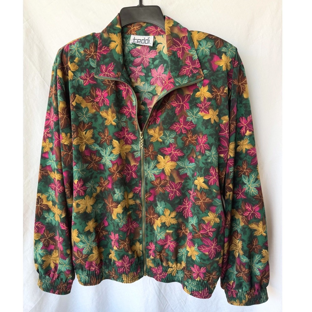 Vintage 80s Teddi Bomber Jacket Green Burgundy Leaf Grannycore Cottagecore XL